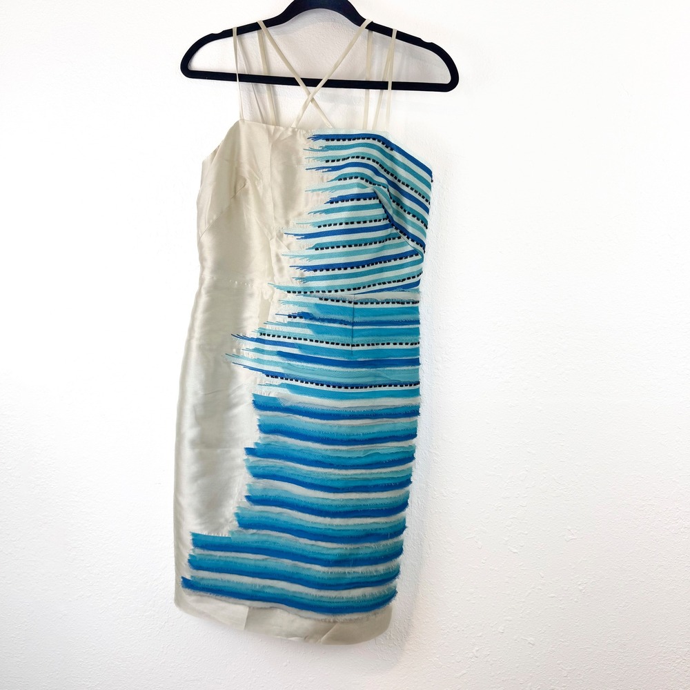 Perse Silk Blend Beaded Frayed Stripe Sheath Cocktail Dress Cream Blue Size 4